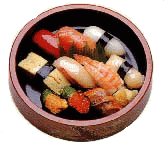 picture of Sishi. Typical Japanese food is Sushi. This image shows the combination Sushi for one person
